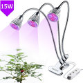 LED Plant Grow Light Three-Head 15W Clip Desk full spectrum Grow Lamp with 360 Degree Flexible Gooseneck